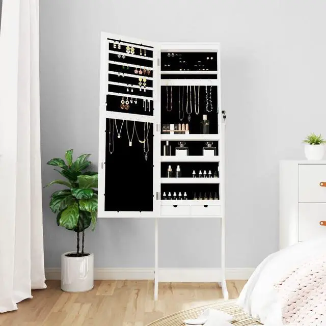 Alt view image 3 of 7 - vidaXL Mirror Jewelry Cabinet White Engineered wood, Glass, Fabric