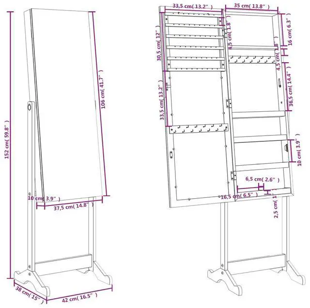 Alt view image 4 of 7 - vidaXL Mirror Jewelry Cabinet White Engineered wood, glass, fabric