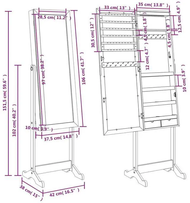 Alt view image 4 of 7 - vidaXL Mirror Jewelry Cabinet White Engineered wood, Glass, Fabric
