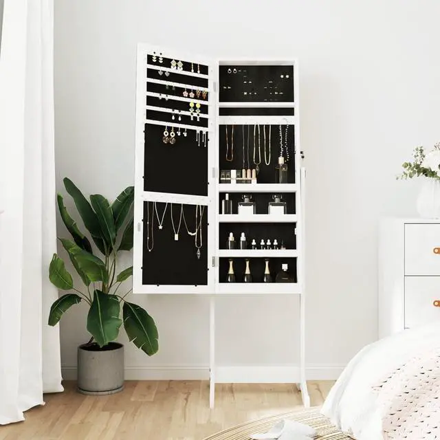 Alt view image 3 of 7 - vidaXL Mirror Jewelry Cabinet White Engineered wood, glass, fabric