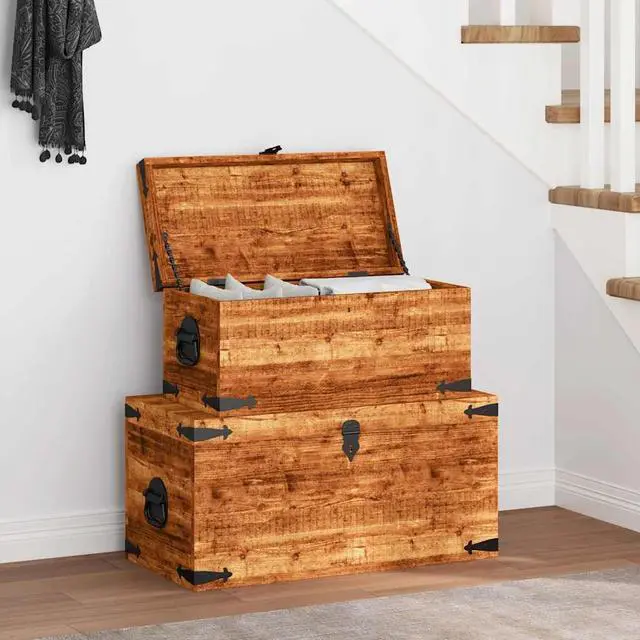Main image of vidaXL Set of 2 Mango Wood Blanket Toy Storage Chests Boxes Trunks Home Decor