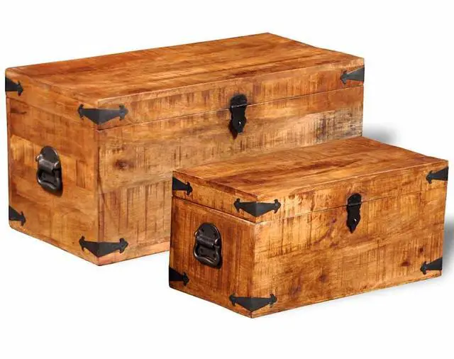 Alt view image 2 of 11 - vidaXL Set of 2 Mango Wood Blanket Toy Storage Chests Boxes Trunks Home Decor