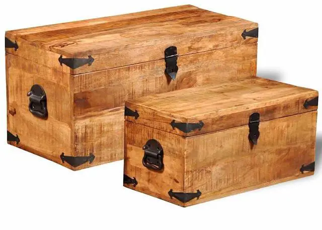 Alt view image 5 of 11 - vidaXL Set of 2 Mango Wood Blanket Toy Storage Chests Boxes Trunks Home Decor