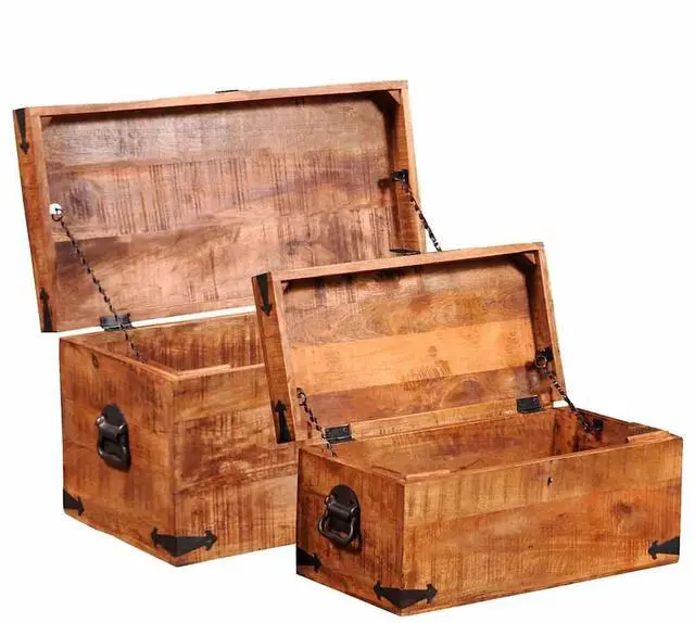 Alt view image 6 of 11 - vidaXL Set of 2 Mango Wood Blanket Toy Storage Chests Boxes Trunks Home Decor