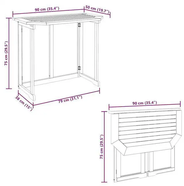 Alt view image 4 of 7 - vidaXL Hanging Balcony Table Folding Garden Outdoor Table Solid Acacia Wood
