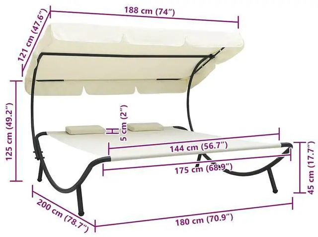 Alt view image 7 of 7 - vidaXL Outdoor Double Chaise Lounge Daybed with Canopy and Pillows Cream White