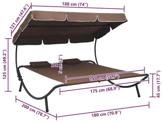 Alt view image 7 of 7 - vidaXL Outdoor Double Chaise Lounge Outdoor Daybed with Canopy and Pillows Brown