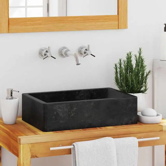 Main image of vidaXL Bathroom Basin, Vessel Sink, Countertop Vanity Sink, Handmade, Naturally Varied Color Tone, Smooth Surface, Easy Assembly, Black 17.7x11.8 Marble Rectangular