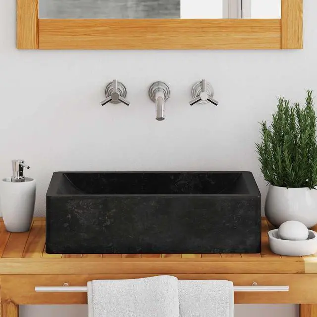 Alt view image 3 of 7 - vidaXL Bathroom Basin, Vessel Sink, Countertop Vanity Sink, Handmade, Naturally Varied Color Tone, Smooth Surface, Easy Assembly, Black 17.7x11.8 Marble Rectangular