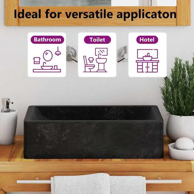 Alt view image 5 of 7 - vidaXL Bathroom Basin, Vessel Sink, Countertop Vanity Sink, Handmade, Naturally Varied Color Tone, Smooth Surface, Easy Assembly, Black 17.7x11.8 Marble Rectangular