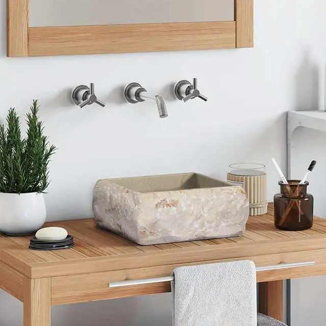 Main image of vidaXL Bathroom Basin, Vessel Sink, Countertop Vanity Sink, Handmade, Naturally Varied Shape and Color Tone, Easy Assembly, Cream 11.8"x11.8"x5.1" Marble Square