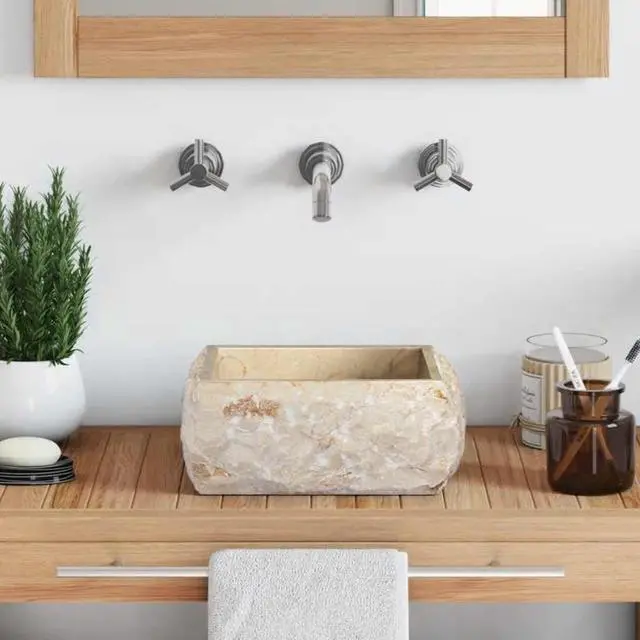Alt view image 3 of 7 - vidaXL Bathroom Basin, Vessel Sink, Countertop Vanity Sink, Handmade, Naturally Varied Shape and Color Tone, Easy Assembly, Cream 11.8"x11.8"x5.1" Marble Square