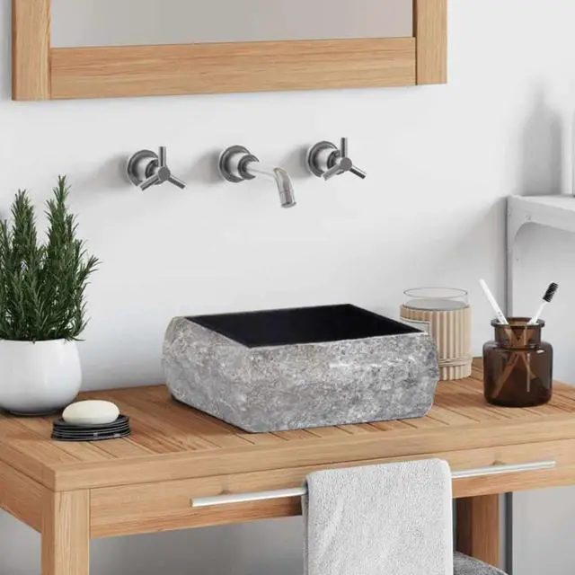 Main image of vidaXL Bathroom Basin, Vessel Sink, Countertop Vanity Sink, Handmade, Naturally Varied Shape and Color Tone, Easy Assembly, Black 11.8"x11.8"x5.1" Marble Square