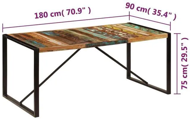 Alt view image 6 of 7 - vidaXL Dining Table 70.9" Solid Reclaimed Wood Kitchen Dinner Dining Room Home