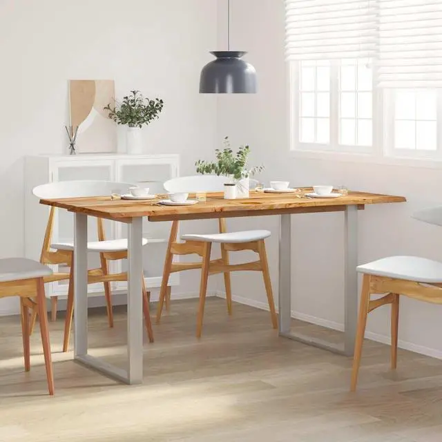 Main image of vidaXL Dining Table, Natural Edges Tabletop with Silver Power-Coated Steel Legs, Rustic Design Bistro Table for Dining Room, Kitchen, Solid Acacia Wood, 60.6''x31.4''x30''
