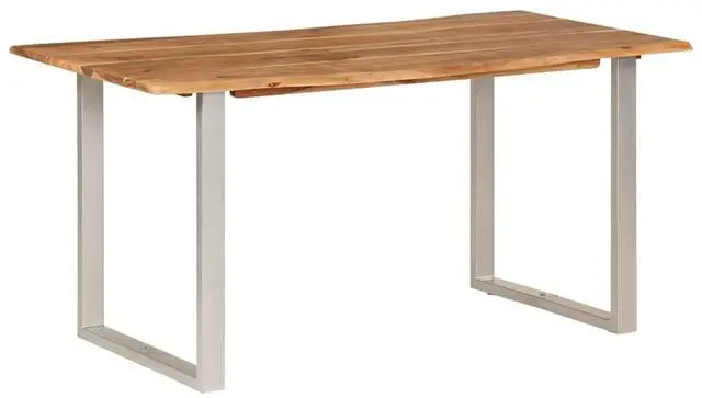Alt view image 2 of 7 - vidaXL Dining Table, Natural Edges Tabletop with Silver Power-Coated Steel Legs, Rustic Design Bistro Table for Dining Room, Kitchen, Solid Acacia Wood, 60.6''x31.4''x30''