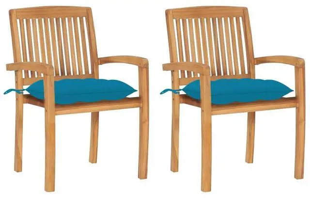 Alt view image 6 of 7 - vidaXL 2x Solid Teak Wood Patio Chairs with Light Blue Cushions Dining Chair