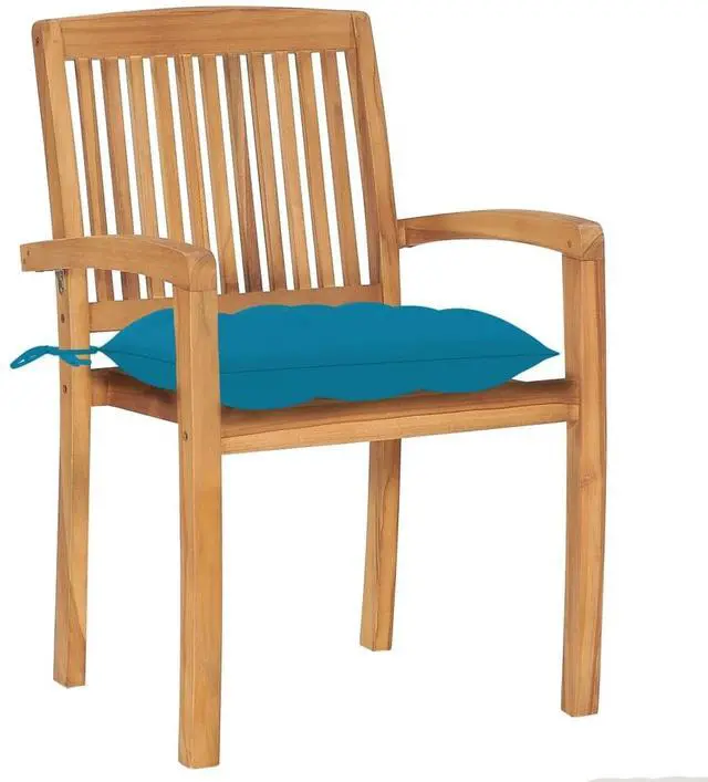 Alt view image 7 of 7 - vidaXL 2x Solid Teak Wood Patio Chairs with Light Blue Cushions Dining Chair
