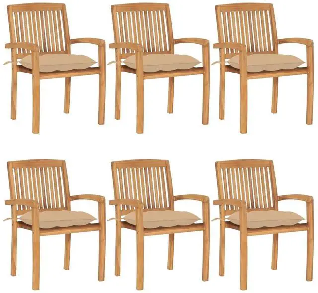 Alt view image 6 of 7 - vidaXL 6x Solid Teak Wood Stacking Patio Chairs with Cushions Garden Seating