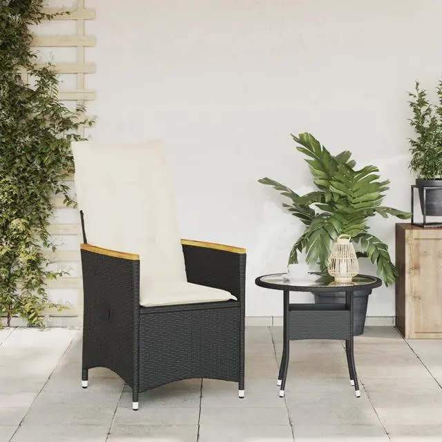 Alt view image 3 of 7 - vidaXL Reclining Patio Chair with Cushions Outdoor Garden Black Poly Rattan