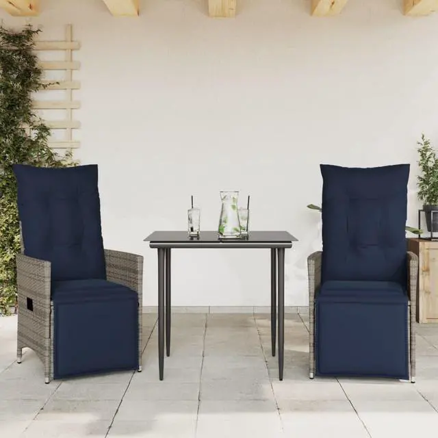 Alt view image 2 of 7 - vidaXL Reclining Patio Chairs with Cushions Outdoor 2 Pcs Gray Poly Rattan