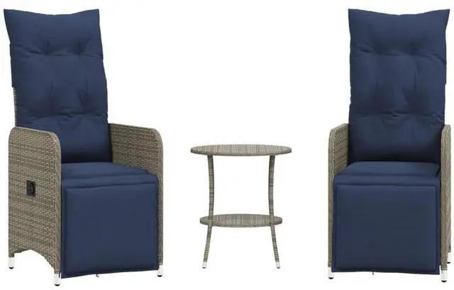 Alt view image 2 of 7 - vidaXL Reclining Patio Chairs with Table Furniture 2 Pcs Gray Poly Rattan
