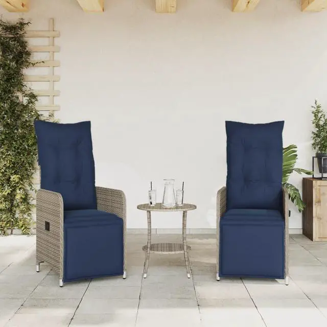 Alt view image 3 of 7 - vidaXL Reclining Patio Chairs with Table Furniture 2 Pcs Gray Poly Rattan