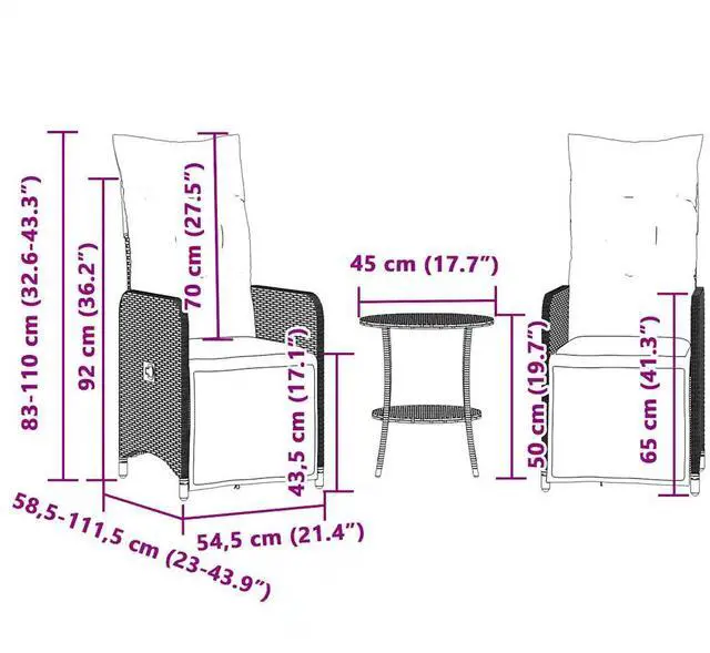 Alt view image 4 of 7 - vidaXL Reclining Patio Chairs with Table Furniture 2 Pcs Gray Poly Rattan