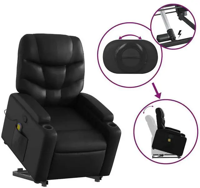 Alt view image 6 of 7 - vidaXL Stand up Massage Recliner Chair Power Lift Armchair Black Faux Leather