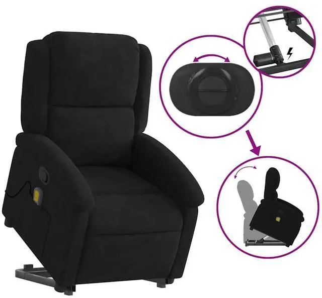 Alt view image 6 of 7 - vidaXL Stand up Massage Recliner Chair Power Lift Wingback Armchair Black Velvet