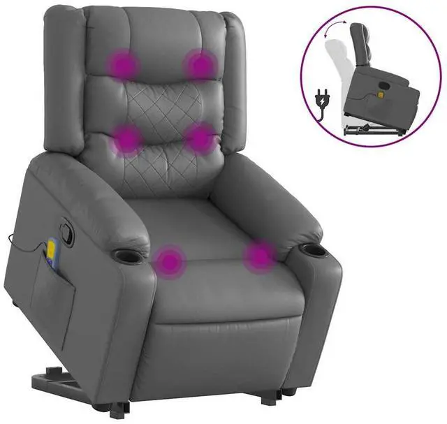 Alt view image 2 of 7 - vidaXL Stand up Massage Recliner Chair Power Lift Armchair Gray Faux Leather