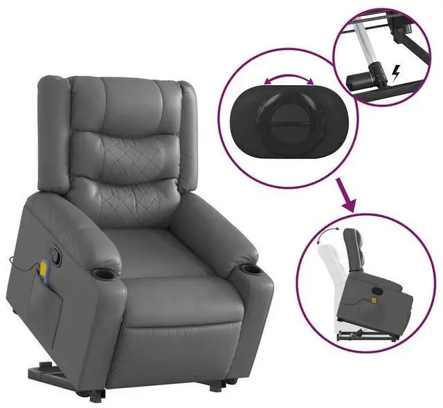 Alt view image 6 of 7 - vidaXL Stand up Massage Recliner Chair Power Lift Armchair Gray Faux Leather