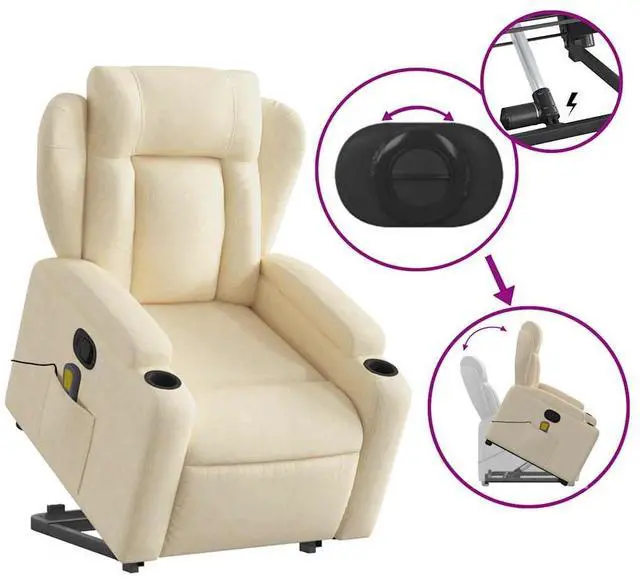Alt view image 6 of 7 - vidaXL Stand up Massage Recliner Chair Power Lift Wingback Armchair Cream Fabric