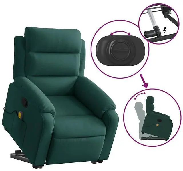 Alt view image 6 of 7 - vidaXL Stand up Massage Recliner Chair Power Lift Armchair Dark Green Velvet
