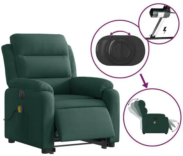 Alt view image 6 of 7 - vidaXL Electric Stand up Massage Recliner Chair Armchair Dark Green Velvet