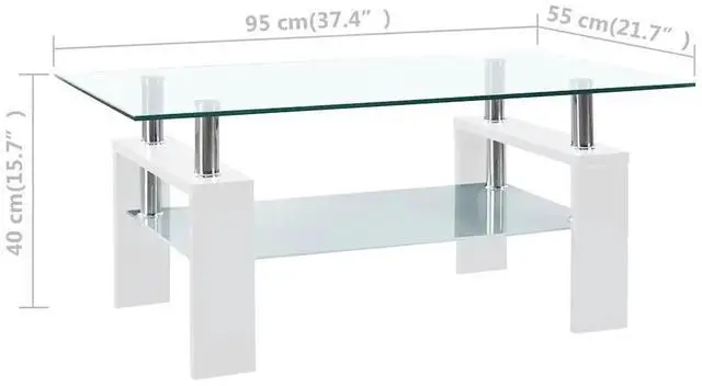 Alt view image 12 of 12 - vidaXL Coffee Table White and Transparent 37.4"x21.7"x15.7" Tempered Glass