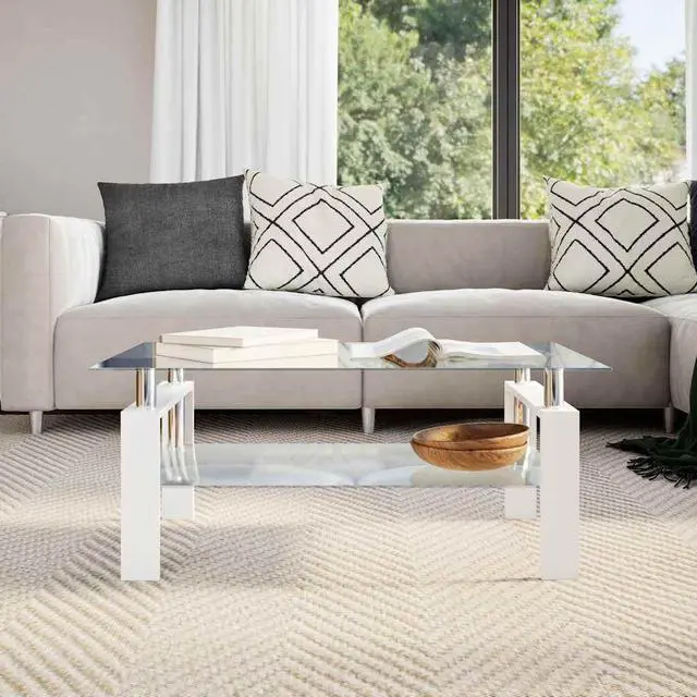 Alt view image 9 of 12 - vidaXL Coffee Table White and Transparent 37.4"x21.7"x15.7" Tempered Glass