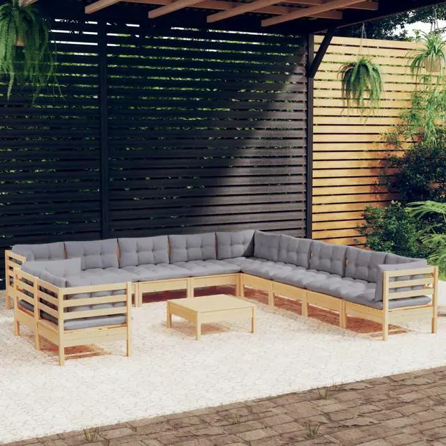 Main image of vidaXL Solid Pinewood Patio Lounge Set 12 Piece with Gray Cushions Garden Sofa