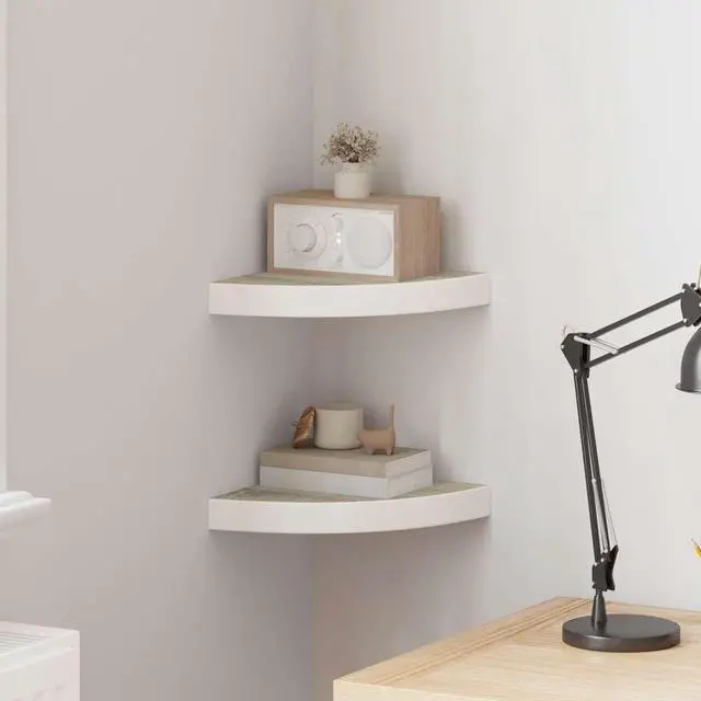 Main image of vidaXL Wall Corner Shelves Wall Floating Corner Shelf 2 Pcs Oak and White MDF