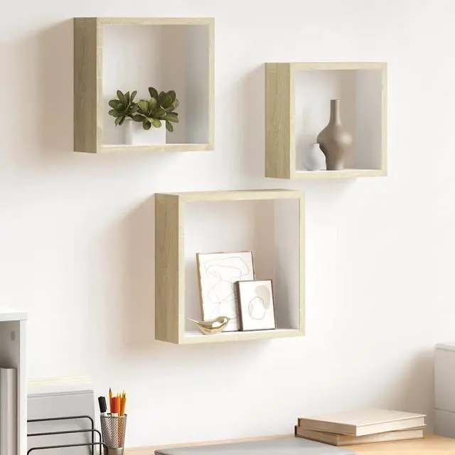 Main image of vidaXL Cubicle Shelves Display Floating Cube Shelves 3 Pcs White and Sonoma Oak