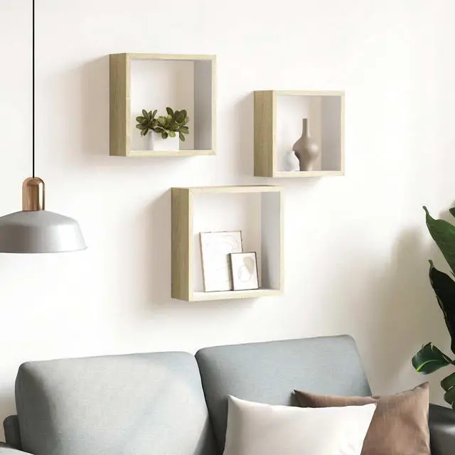 Alt view image 3 of 14 - vidaXL Cubicle Shelves Display Floating Cube Shelves 3 Pcs White and Sonoma Oak