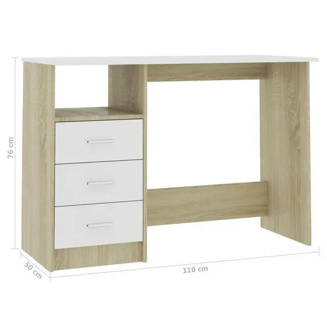 Alt view image 6 of 10 - vidaXL Desk with Drawers White and Sonoma Oak Engineered Wood Office Table