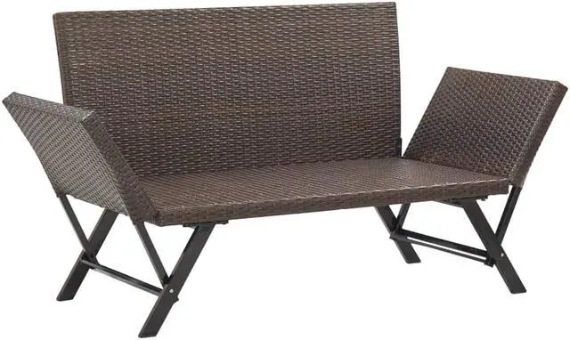 Alt view image 5 of 15 - vidaXL Patio Bench with Adjustable Armrest and Cushions Brown Poly Rattan