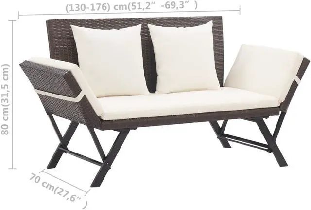 Alt view image 7 of 15 - vidaXL Patio Bench with Adjustable Armrest and Cushions Brown Poly Rattan