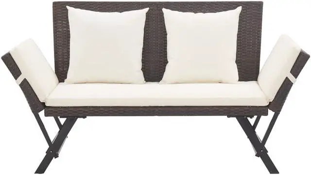 Alt view image 3 of 15 - vidaXL Patio Bench with Adjustable Armrest and Cushions Brown Poly Rattan