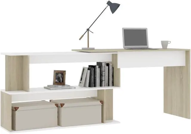 Alt view image 3 of 7 - vidaXL Corner Desk Computer Desk Home Desk White and Sonoma Oak Engineered Wood