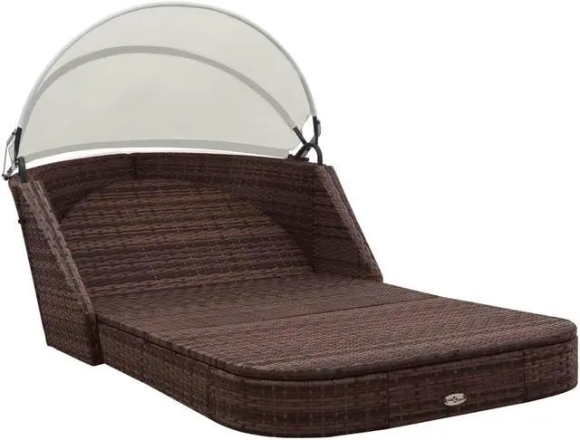 Alt view image 2 of 7 - vidaXL Double Sun Lounger 2-Person Sun Lounger with Canopy Poly Rattan Brown
