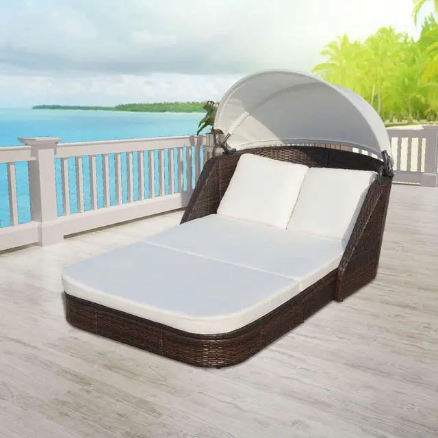 Main image of vidaXL Double Sun Lounger 2-Person Sun Lounger with Canopy Poly Rattan Brown