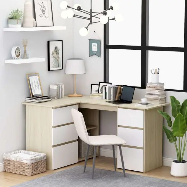 Main image of vidaXL Corner Desk L-Shaped Computer Desk White and Sonoma Oak Engineered Wood