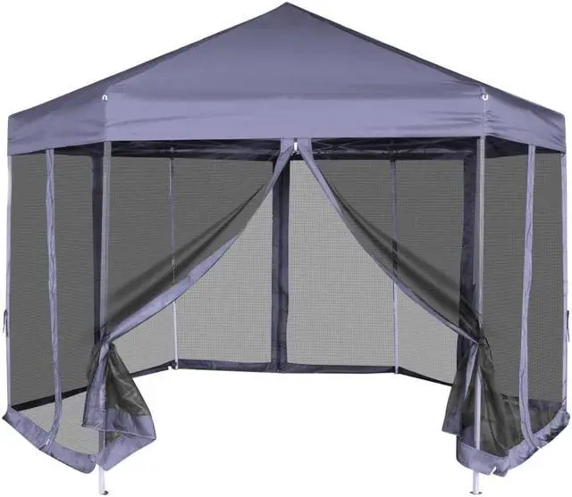 Main image of vidaXL Gazebo Hexagonal Pop-Up Canopy Party Tent with 6 Sidewalls Dark Blue